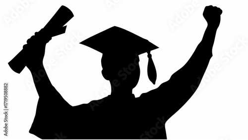 Silhouette of a graduate celebrating with diploma and raised arm against a white background image view