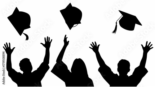 Silhouette of graduating students throwing their caps in the air in celebration on a white background