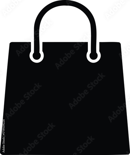 A simple black shopping bag icon with rounded handles and a square body on a white background image view silhouette