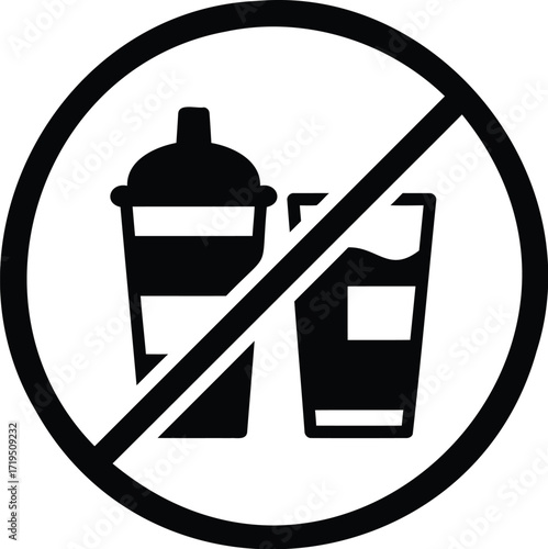 A black and white sign depicting no drinks allowed with a crossed out cup and glass within a circle border silhouette