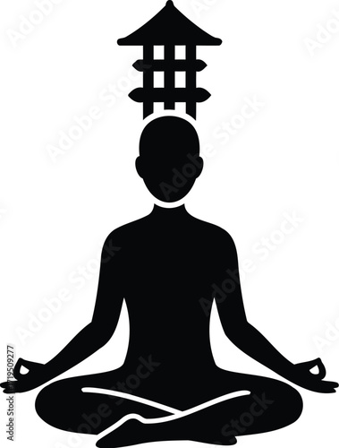 Silhouette of a person meditating with a pagoda on their head in a zen like peaceful black and white scene