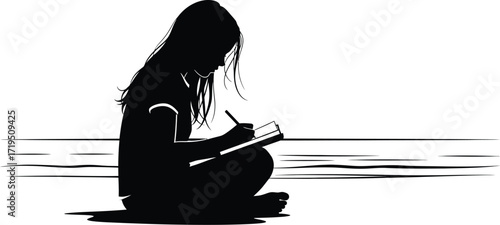 Silhouette of a girl writing in a notebook on the beach, isolated on white background the image captures creativity, inspiration, and tranquility