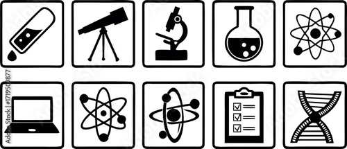  cartoon science icons, science illustration vector, academic icons artwork, laboratory science clipart, school science graphics, black and white science symbols, chemistry icons cartoon, physics icon