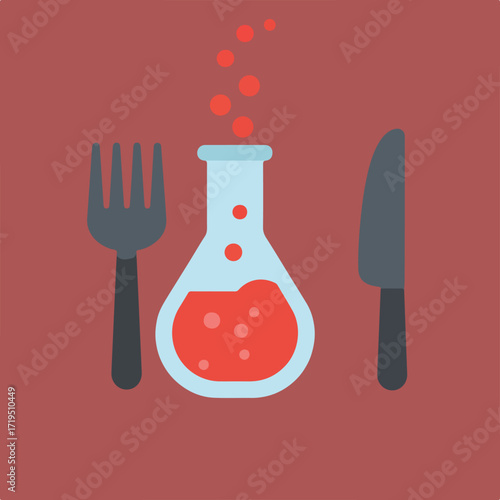 A conceptual illustration showing a laboratory flask containing a red liquid with a fork and a knife on either side, set against a maroon backdrop.