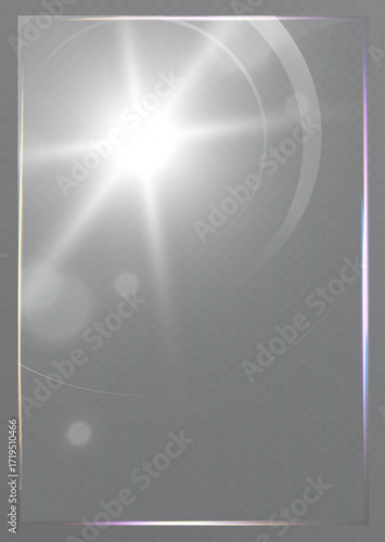 Transparent glossy glass frame with rainbow light reflection isolated on background.
