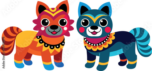 cartoon dog characters, cute festival dogs, funny puppy cartoon, adorable dog pair, colorful pet artwork, smiling dog cartoon, happy dog characters, day of the dead dog cartoon, playful puppy cartoon,