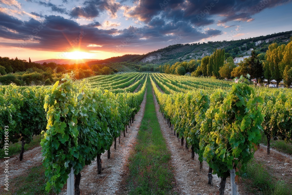 Naklejka premium Sunset Over Lush Green Vineyard Rows and Hills