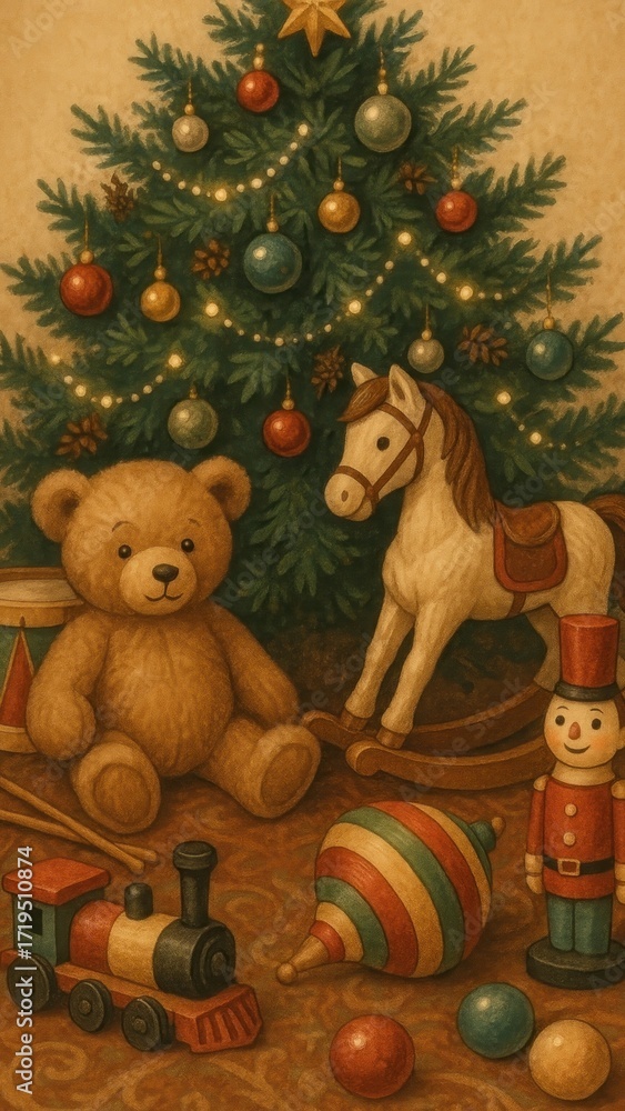 Fototapeta premium classic vintage toys under christmas tree mobile wallpaper
