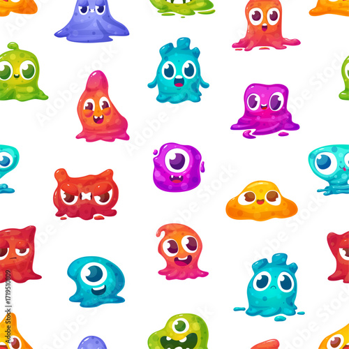 Cartoon slimy monsters seamless pattern. Funny aliens, children mascots. Print for fabric, wallpaper, wrapping, web design, vector background