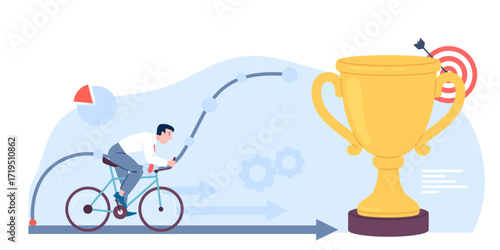 Man in bicycle moves towards goal. Work achievement, ride to golden prize or target. Tired office worker riding, vector concept of achievements and victory over oneself