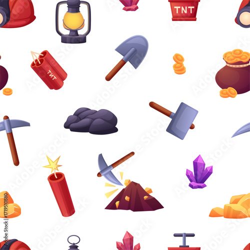 Mining tools seamless pattern. Shovel pick diamonds, dynamite, hammer and golden coins. Industrial elements print for web design, vector background