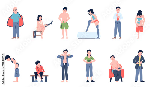 Dressing undressing characters. People changing clothes, putting on socks, pants, shirt. Men women unclothing before sleep, dress up on work, recent vector scenes