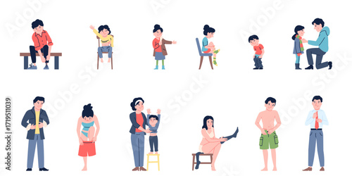 Kids and adults dressing clothes. Changing characters, undressing before sleep or dress up before work. Adult help child change pullover, recent vector scenes