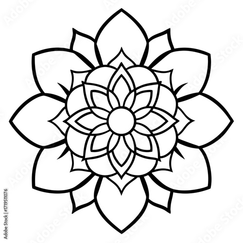 A detailed line art coloring page for adults, featuring an abstract wild floral pattern in the style of a Mandela design