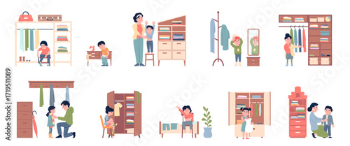 Children dress up. Kids trying clothes, dressing up before walk or school, undressing before sleep. Changing dress or socks, recent vector scenes
