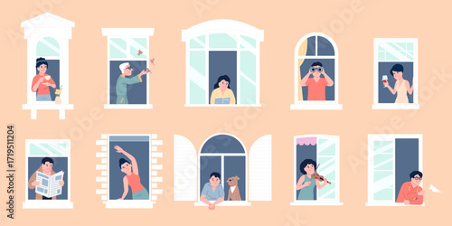 People in windows. Neighborhood community, men women looking out on street, reading, drinking, play music. Different neighbors characters, recent vector scene