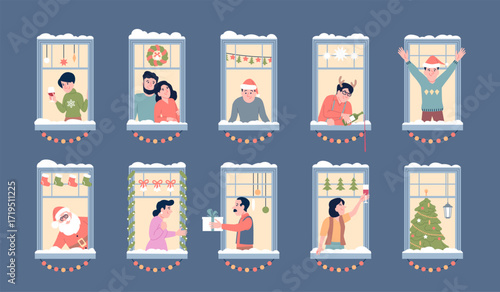 Christmas neighbors in windows. Celebrating xmas or new year with neighborhood community. Seasonal festive decorations, happy holidays recent vector scene