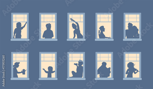 People windows silhouettes. Apartment house with person silhouette, neighbours characters. Night apartments with lights, evening building exterior, recent vector scene