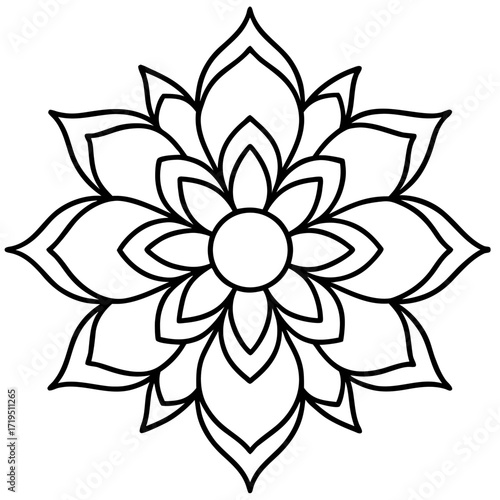 A detailed line art coloring page for adults, featuring an abstract wild floral pattern in the style of a Mandela design