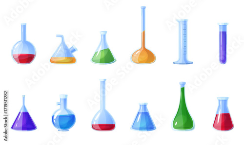 Cartoon glass chemical equipment. Laboratory glassware, test tubes, flasks. Chemistry lab containers for experiments. Scientific inventory nowaday vector set
