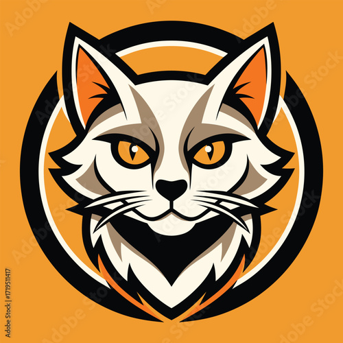 Fierce white cat head emblem with intense orange eyes and dark outline on orange background