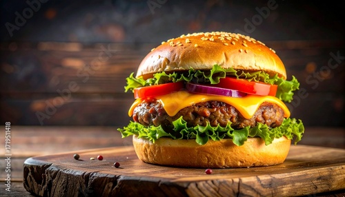 A delicious and juicy classic American cheeseburger with fresh lettuce, tomato, onion, and melted cheese on a rustic wooden cutting board