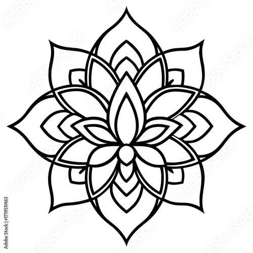 A detailed line art coloring page for adults, featuring an abstract wild floral pattern in the style of a Mandela design