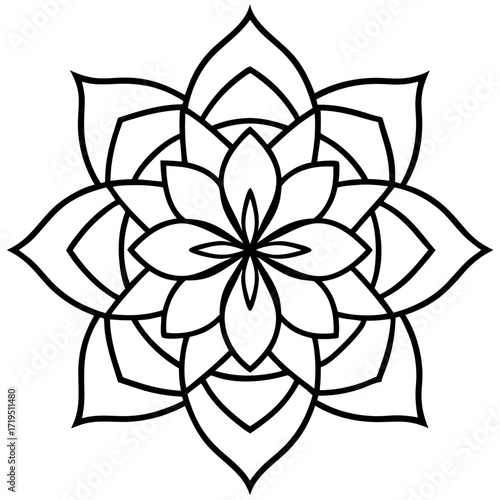 A detailed line art coloring page for adults, featuring an abstract wild floral pattern in the style of a Mandela design