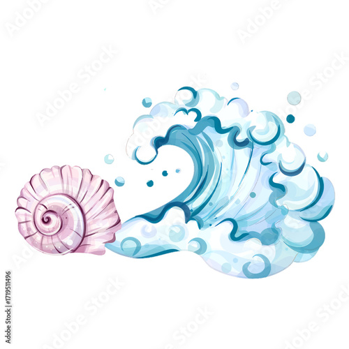 Whimsical summer vibes with colorful ocean waves and a beautiful seashell, perfect for beach themed celebrations, vacations, and sunny adventures