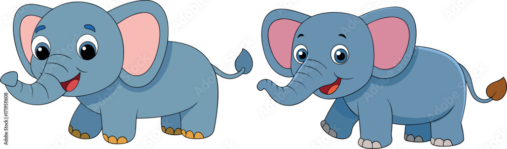 Naklejka premium cartoon elephant illustration, cute pink elephant, baby elephant drawing, funny elephant cartoon, adorable elephant artwork, smiling elephant vector, happy elephant clipart, jungle elephant design, pl