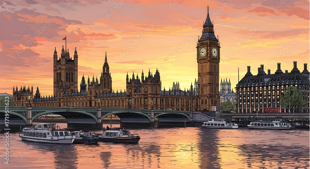 Naklejka premium london cityscape at sunset iconic big ben and houses of parliament reflected in thames symbolizing british culture tourism great britain landmarks
