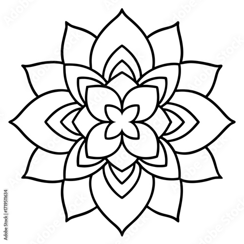 A detailed line art coloring page for adults, featuring an abstract wild floral pattern in the style of a Mandela design