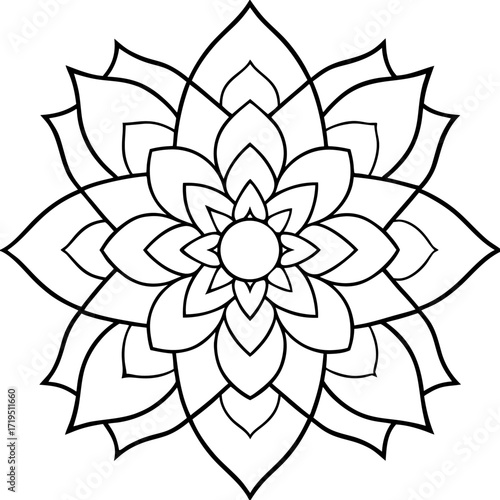 A detailed line art coloring page for adults, featuring an abstract wild floral pattern in the style of a Mandela design