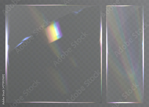 Transparent glossy glass frame with rainbow light reflection isolated on background.
