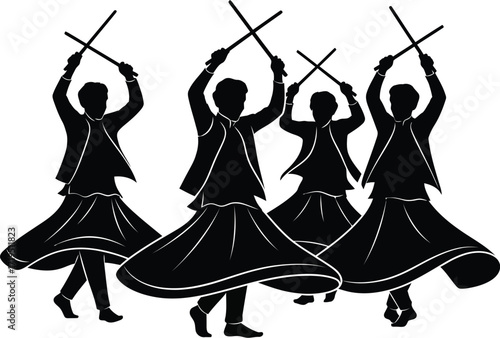 Silhouette of people dancing garba, isolated on white background traditional indian folk dance for navratri festival