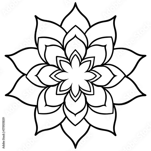 A detailed line art coloring page for adults, featuring an abstract wild floral pattern in the style of a Mandela design