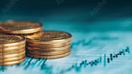 US banking system, stacked coins on financial documents.