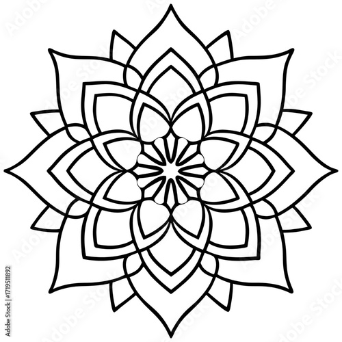 A detailed line art coloring page for adults, featuring an abstract wild floral pattern in the style of a Mandela design