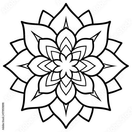A detailed line art coloring page for adults, featuring an abstract wild floral pattern in the style of a Mandela design