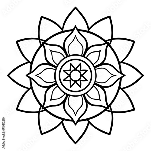 A detailed line art coloring page for adults, featuring an abstract wild floral pattern in the style of a Mandela design
