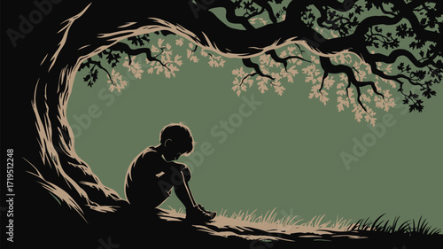 Lost in thought, a boy finds solace beneath the sheltering branches of an old tree, creating a moment of quiet reflection and solitude