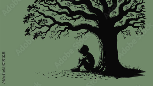 Thoughtful boy sitting alone under a grand old tree, a silhouette of childhood contemplation and peaceful solitude in nature's embrace