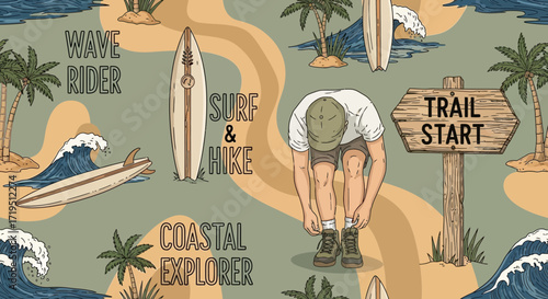 Seamless pattern showcasing a coastal lifestyle with surfing hiking and nature illustration