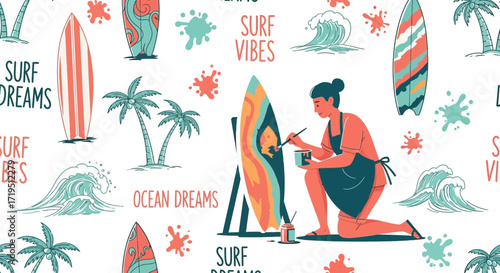 Seamless pattern showcasing a woman painting a surfboard amidst beach and ocean imagery