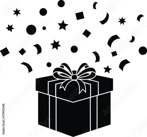 A black and white vector illustration of a gift box with confetti isolated on white background, perfect for celebrating special occasions