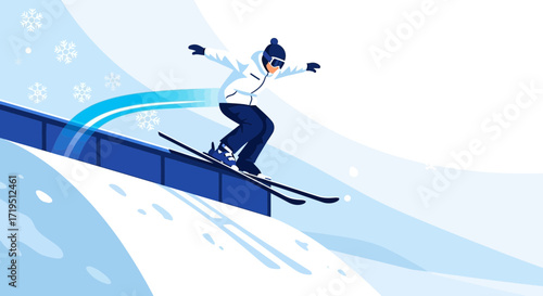 Skier performing jump on ramp in snowy winter landscape with graphic elements for sports theme and