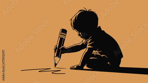 Creative child drawing with oversized pencil, inspiring imagination and artistic expression for children's books and educational resources