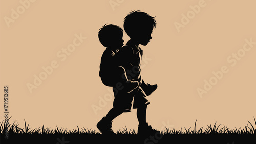 Heartwarming silhouette of older brother giving piggyback ride to his younger sibling in a field, a symbol of love and support, ideal for family concepts
