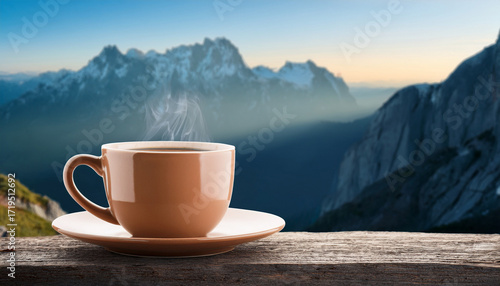 Cozy Cup Of Warm Coffee Or Tea In Front Of Abstract Mountain Landscape