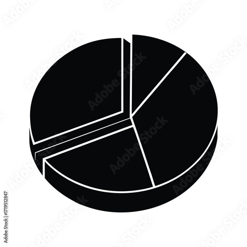 A black and white illustration of a circular pie chart with four distinct sections, representing data visualization and business analytics